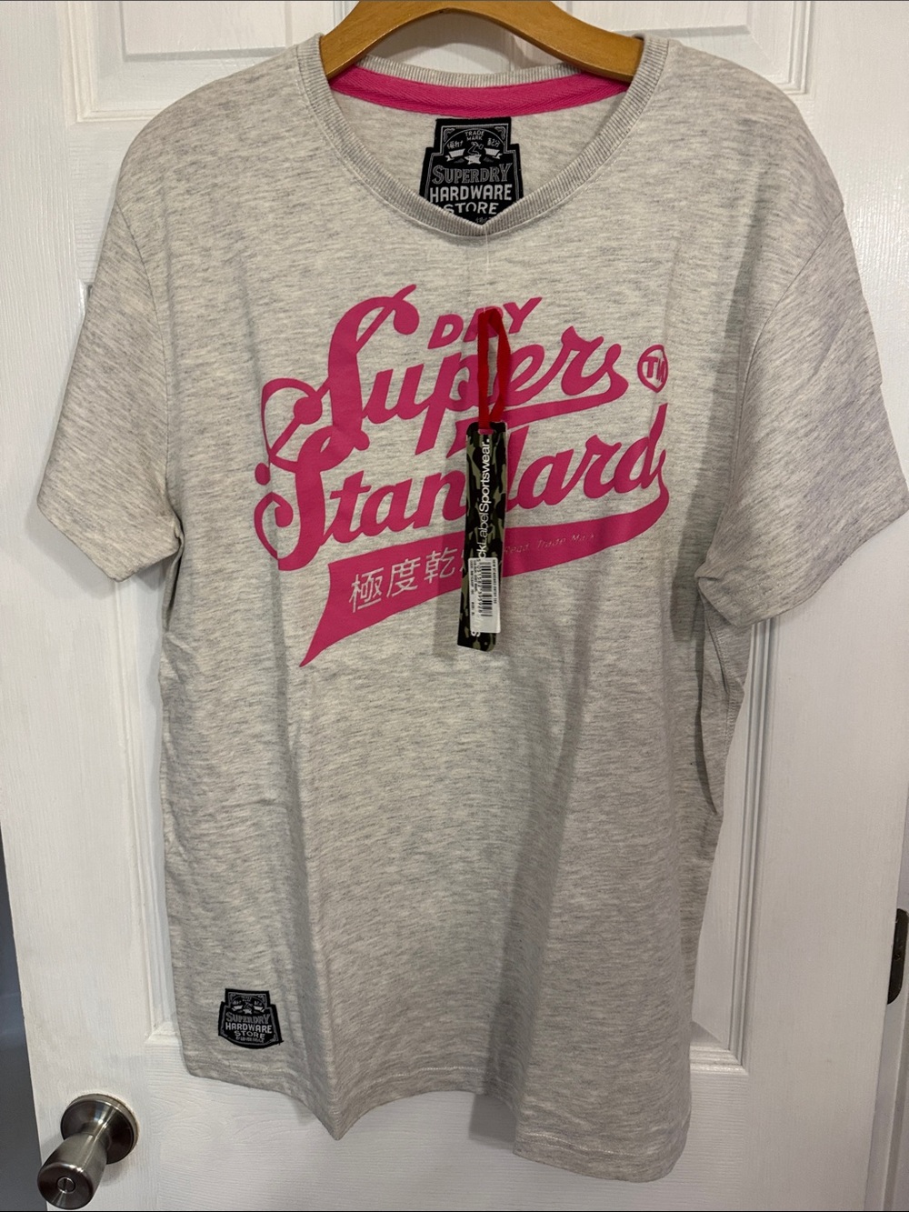 Superdry Heather Gray Tee with Pink Logo